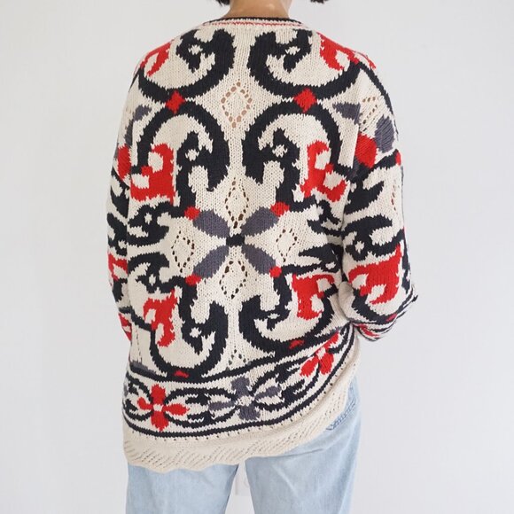 Vintage Paris Sport Club Cream Cotton Knit Bold Graphic Red Feminim Sweater L - Picture 2 of 9